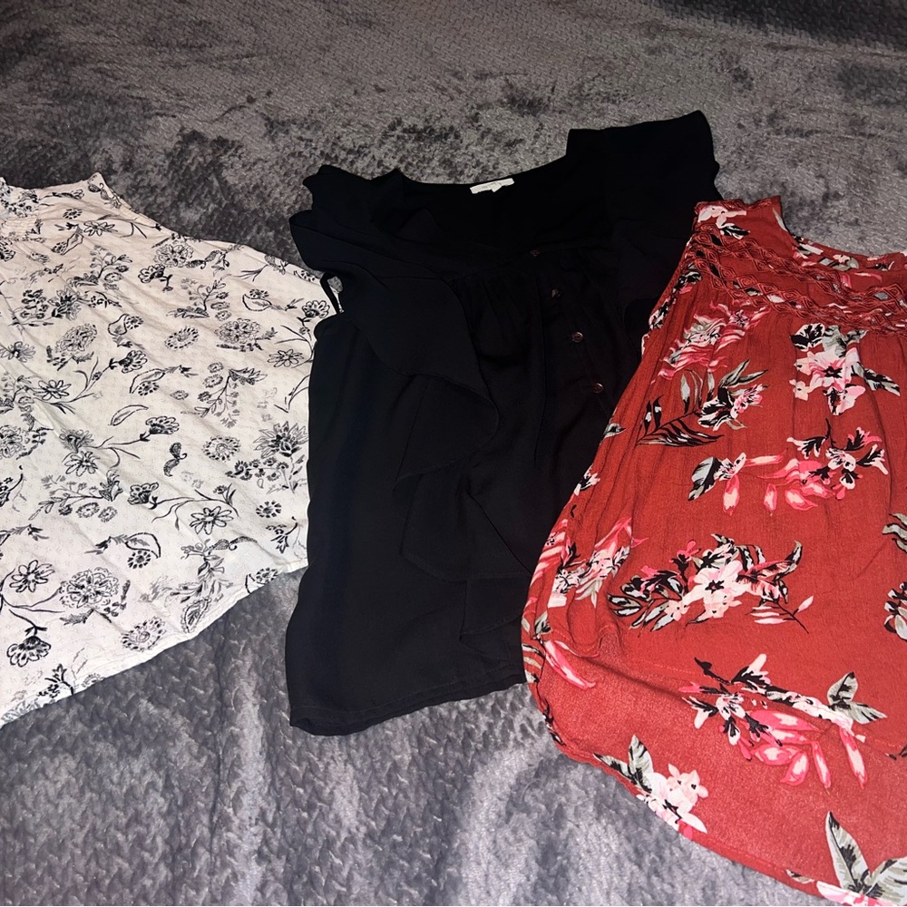 Maurices Black, White Floral, and Red Floral Tank Tops Trio